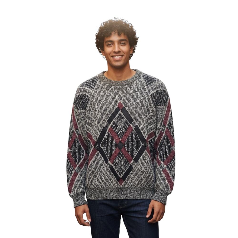 JT Beckett Vintage Men's Black, White, & Burgundy Sweater Size XL 92225-1208